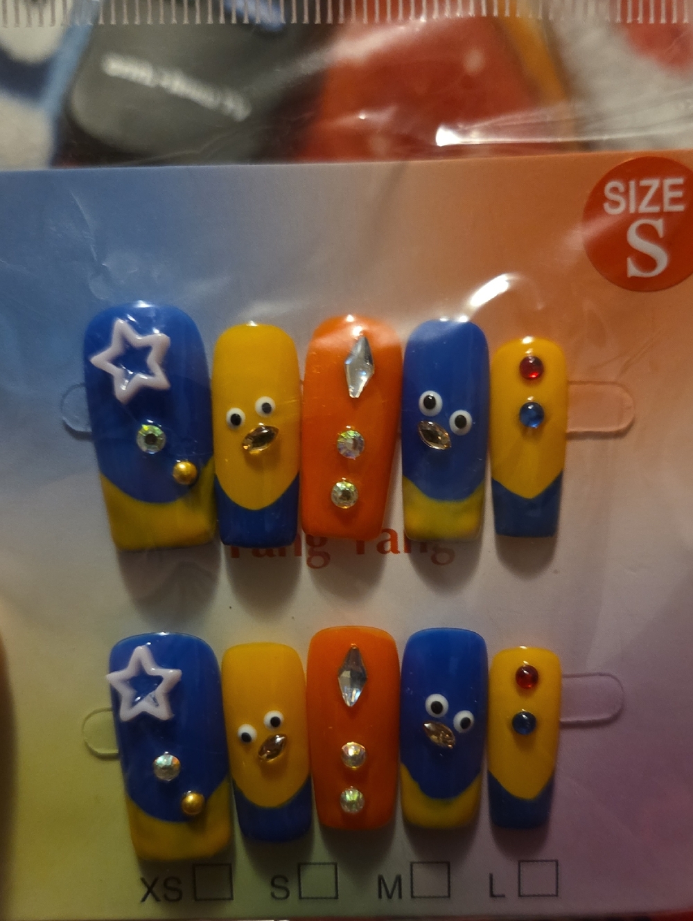 🌹2 For $35🌹Colorful Blue Yellow Orange Press-On Nail Set with Gems Handmade